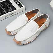 billiga Casual loafers-Vita herrloafers i konstläder med svart krokodilstruktur – eleganta och snygga slip-on-skor för semiformella evenemang, bröllop och avslappnade sammankomster