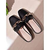 billiga Träskor och tofflor till damer-Svarta damloafers med guldfärgad kedjedetalj, slip-on platta kontorsskor utan rygg för arbete, daglig pendling och business casual