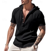 cheap Vacation-Men&#039;s Shirt Linen Shirt Popover Shirt Casual Shirt Cotton Shirt Plain Vacation Street Black White Navy Blue Brown Short Sleeve Hooded Summer Clothing Apparel Lace up
