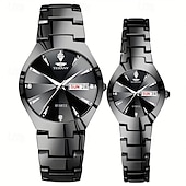 economico Orologi al quarzo-Orologio da coppia luminoso con quadrante rotondo, IPX7, impermeabile, al quarzo, con calendario e data, in acciaio inossidabile, alla moda, per donne e uomini, regalo per San Valentino.