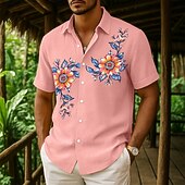 economico Vacanza-Per uomo Camicia Camicia di lino Camicia Estiva Camicia da Spiaggia Camicia con Bottoni Floreale Casuale Ferie Giallo Rosa Blu marino Verde Manica Corta Collo ripiegato Estate Abbigliamento Tasca