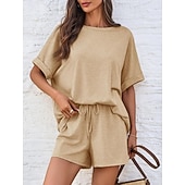 billiga Blusdräkter för kvinnor-Dam Set med shorts Bolero Top Kortärmad Rund hals Ensfärgat Snörning Mode Streetwear Ledigt Dagligen Utomhus Blå Svart Brun Sommar Lös passning