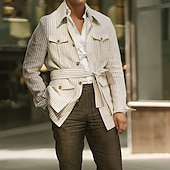 baratos Casacos &amp; Sobretudos para Homem-Homens jaqueta leve jaqueta de verão Jaqueta de Camisa Jaqueta de Transição Férias Diário Bolsos Verão Primavera Riscas Moda Clássico Lapela Padrão Rosa claro Azul Verde cáqui Casaco