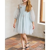 abordables Robes-Enfants Fille Robe Couleur Unie Manche 3/4 Extérieur Maille Adorable Coton Mi-long Robe Décontractée Robe en Tulle Été 4 ans et + Bleu Ciel