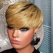 economico Parrucche di capelli veri senza cuffia-Capelli umani Parrucca Corto Liscio naturale Taglio corto spettinato Caschetto corto Riga laterale Taglio Scalato Naturale Designer Attaccatura Naturale Senza Cappuccio Capelli brasiliani Per donna