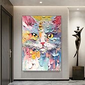 billiga Djurmålningar-handmålad nyckfull kattoljemålning - livfullt texturerat porträtt med safirfärgade djuroljemålningar boho väggkonst oljemålningar för vardagsrum sovrum väggdekoration