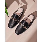 billiga Träskor och tofflor till damer-Svarta damloafers med guldfärgad kedjedetalj, slip-on platta kontorsskor utan rygg för arbete, daglig pendling och business casual