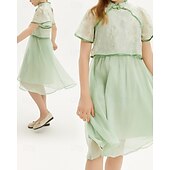 cheap Dresses-Kids Girls&#039; Dress Solid Color Short Sleeve Outdoor Mesh Patchwork Adorable Polyester Knee-length Casual Dress Summer 4 years+ Green