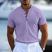 cheap Casual Henley Tee-Men&#039;s Henley Shirt Short Sleeve Shirt Ribbed Knit tee Tee Top Short Sleeve Solid Color Daily Hawaiian Buttons Henley Outdoor Street Causal Summer Light Blue White Brown Henley T-Shirt