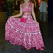 abordables Jupes graphiques-Femmes Jupe Évasé Bohème Mode Boho Maxi Taille Basse Jupes Fleuri Imprimé Micro-Élastique Vacances Rue Bleu Rose rouge Été Polyester