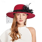 cheap Party Hats-Vintage Fedora Bucket Hat with Removable Mesh Flowers Feathers Elegant Ladies Bowler Hat Winter Warm Wide Brim Church Derby Hat for Wedding Race Banquet