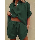 abordables Ensembles-Femmes Actif Basique Ensembles en coton et lin Manche Courte Col de chemise Couleur Unie Décontracté Quotidien Vert Véronèse bleu marine Vert foncé Été Coupe régulière