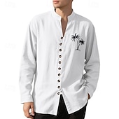 halpa miesten napillinen paita-Miesten Paita Kesä paita Rento paita Rantapaita Button Up paita Musta Valkoinen Purppura khaki Harmaa Pitkähihainen Kookospuu Nauhakaulus Loma Havaijilainen Painettu Vaatetus Polyesteri Muoti