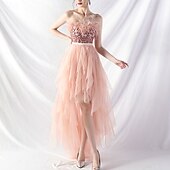 cheap Semi-formal / Cocktail-A-Line Quinceanera Dresses Elegant Dress Formal Wedding Asymmetrical Sleeveless Strapless Tulle Backless with Feather Embroidery