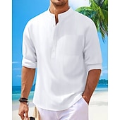 preiswerte Baumwoll-Leinenhemd-Herren Hemd Leinenhemd Popover-Hemd Freizeithemd Baumwollhemd Einfach Urlaub Hawaiianisch Schwarz Weiß Rosa Marineblau Langarm Stehkragen Frühling Herbst Bekleidung