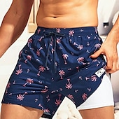 お買い得  男性用水泳パンツ-男性用 スイムショーツ ボードショーツ スイムトランク プリント 速乾性 高通気性 ドローストリング 弾性ウエスト コンプレッションライナー付き バケーション ビーチ ハワイアン カジュアル ライトグリーン ネイビーブルー