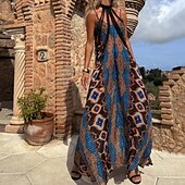 tanie Sukienki boho-Damskie Długa sukienka sukienka maxi Codzienne sukienki Sukienka na ramiączkach Moda Na zewnątrz Impreza Święto Regularny Geometryczny Bez rękawów W serek Niebieski Lato