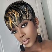 economico Parrucche di altissima qualità-Parrucche pixie cut per donne nere, parrucca sintetica, parrucca pixie cut, parrucche corte a strati, piene con frangia nera