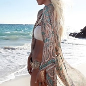 abordables Caftans-Femmes Maillots de Bain Vêtement couvrant Maillot de bain Tropical Tenues de plage Fleur Col en V manche longue Maillots de bain
