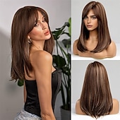 abordables Pelucas sintéticas de moda-Pelucas largas de color marrón mixto para mujer, peluca de cabello sintético en capas con flequillo parcial