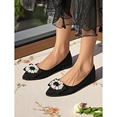 cheap Women&#039;s Flats-Women&#039;s Black Pointed-Toe Flats with Pearl Bow Accent - Elegant Suede Ballet Shoes for Casual Dates and Everyday Outfits