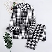 billiga Pyjamas-Herr Sovkläder Pyjamas set Pyjamastopp och byxa 1set Rutig Mode Stylish Klassisk Hem Dagligen Säng Bomull Komfort Mjuk Kavajslag Långärmad Cardigan Byxa Elastisk midja Vår Höst Vit + Svart Marinblå