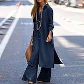 abordables Ensembles chemisiers pour femmes-Femmes Actif Mode Chemisier Ensembles de Pantalons manche longue Col de chemise Couleur Unie Dubbele Rij Knopen Vacances Fête Vert Véronèse Bleu Marine Kaki Été Coupe régulière