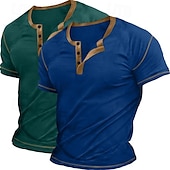 economico Maglietta casual Henley-Maglietta Henley da uomo in 2 pezzi, a maniche corte, semplice, con maniche raglan, alla moda, stile basic, con bottoni, confezione da 2, per vacanza, strada, casual, estate, tutte le stagioni.