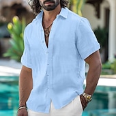 voordelige Vakantie-Voor heren Overhemd Linnen overhemd Zomer overhemd Button-down overhemd Normaal shirt Strand hemd Effen Kleur Vakantie Dagelijks Zwart Wit Blozend Roze blauw Korte mouw Kraag Zomer Kleding