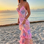 abordables Robes fleuries élégantes-Femmes Robe Longue Maxi Robe Robe Décontractée Robe Fleurie Mode Robe élégante Extérieur Soirée Fête Coupe régulière Dégradé de couleur Sans manches Col en V Rose Claire Été