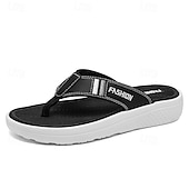 cheap Vacation Sandals-Men&#039;s Black Thick Sole Flip Flops with Soft Footbed and Fashion Strap Design for Adults Comfortable Summer Slippers for Beach Vacation Poolside Lounge Daily Shower Use