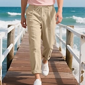 baratos Feriado-Homens Calças de linho Calças Calça verão Calças largas Calças de praia Com Cordão Cintura elástica Perna reta Tecido Conforto Respirável Comprimento total Ao ar livre Casual Feriado Férias Moda