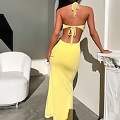 tanie Sukienki na przyjęcia-Damskie Długa sukienka sukienka maxi Codzienne sukienki Sukienka koktajlowa Moda Elegancka sukienka Na zewnątrz Impreza Święto Regularny Równina Bez rękawów W serek Czarny Biały Żółty Lato
