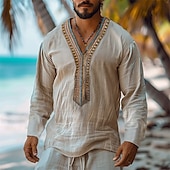 Men's Shirt Linen Shirt Popover Shirt Summer Shirt Beach Wear Beach Shirt Solid Color Vacation Holiday Beige Long Sleeve Stand Collar Summer Spring Clothing Apparel4