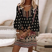 ieftine Rochii Boho-Pentru femei Rochie Mini Rochie casual Rochie de vară Rochie Boho Modă În aer liber Petrecere Concediu Fit regulat Floare Manșon Lung În V Negru Vară Primăvară
