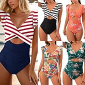 abordables Maillots une pièce et tankinis-Femmes Maillot de bain 1 pièce Dos Nu Découpé Maillot de Bain Fleuri Maillots de Bain Noir Rouge Respirant Séchage Rapide Sans manches - Natation Surf Plongée en apnée Été