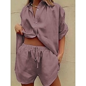 abordables Ensembles-Femmes Actif Basique Ensembles en coton et lin Manche Courte Col de chemise Couleur Unie Décontracté Quotidien Vert Véronèse bleu marine Vert foncé Été Coupe régulière