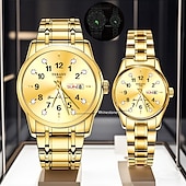 baratos Relógios Quartz-Conjunto de relógio de quartzo para casal, 2 peças – mostrador digital redondo, à prova d&#039;água ipx7, ponteiros luminosos, calendário duplo (data e dia), pulseira de liga, estilo empresarial unissex, ideal para encontros e presentes