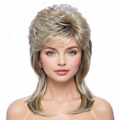 levne Historické paruky-Mullet paruky pro ženy kudrnaté syntetické odolné vůči teplu vlasy po ramena 80. léta rocker cosplay paruky (blond smíchané s černou) Halloween paruky