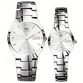 economico Orologi al quarzo-Orologio da coppia luminoso con quadrante rotondo, IPX7, impermeabile, al quarzo, con calendario e data, in acciaio inossidabile, alla moda, per donne e uomini, regalo per San Valentino.