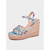 billiga Kvinnor-Damsandaler med blommönster och remmar, kilklack och justerbar vristrem, bekväma och snygga för sommar, strand och semester