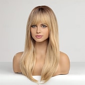 voordelige Synthetische trendy pruiken-lange blonde pruiken voor vrouwen rechte pruiken met pony synthetisch gelaagd haar pruik met donkere wortels