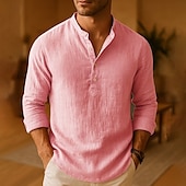 cheap Cotton Linen Shirt-Men&#039;s Shirt Linen Shirt Popover Shirt Casual Shirt Cotton Shirt Plain Vacation Hawaiian Dark Pink Black White Khaki Long Sleeve Band Collar Spring Fall Clothing Apparel