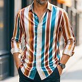 preiswerte Satinhemden für Herren-Herren Hemd Satinhemd Gestreiftes Hemd Freizeithemd Knopfhemd Gestreift Hochzeit Urlaub Regenbogen Langarm Kragen Frühling &amp; Herbst Bekleidung