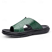 cheap Vacation Sandals-Men&#039;s Copper Faux Leather Slide Sandals with Embossed Crocodile Pattern and Black Cushioned Sole – Stylish Slip-On Sandals for Indoor Lounge, Poolside Relaxation, or Resort Wear