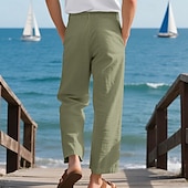 baratos Feriado-Homens Calças de linho Calças Calça verão Calças largas Calças de praia Com Cordão Cintura elástica Perna reta Tecido Conforto Respirável Comprimento total Ao ar livre Casual Feriado Férias Moda