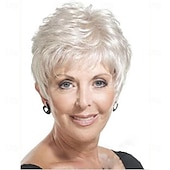 cheap Older Wigs-Short Silver White Synthetic Wigs with Bangs for Old Women White Stylish Fluffy Layered Wigs Natural Fluffy Heat Resistant Wigs for Mother Grandmother Grandma