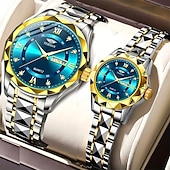 baratos Relógios Quartz-Dois mostradores romanos redondos com diamantes aquáticos, mostrador luminoso, relógio de casal ipx7 à prova d&#039;água, relógio de quartzo com calendário e data, pulseira de aço inoxidável elegante,