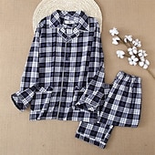 billiga Pyjamas-Herr Sovkläder Pyjamas set Pyjamastopp och byxa 1set Rutig Mode Stylish Klassisk Hem Dagligen Säng Bomull Komfort Mjuk Kavajslag Långärmad Cardigan Byxa Elastisk midja Vår Höst Vit + Svart Marinblå