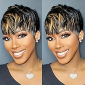 economico Parrucche di altissima qualità-Parrucche pixie cut per donne nere, parrucca sintetica, parrucca pixie cut, parrucche corte a strati, piene con frangia nera